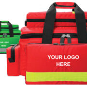 Image of Re and green Chard Trauma bag showing area for customising with logo
